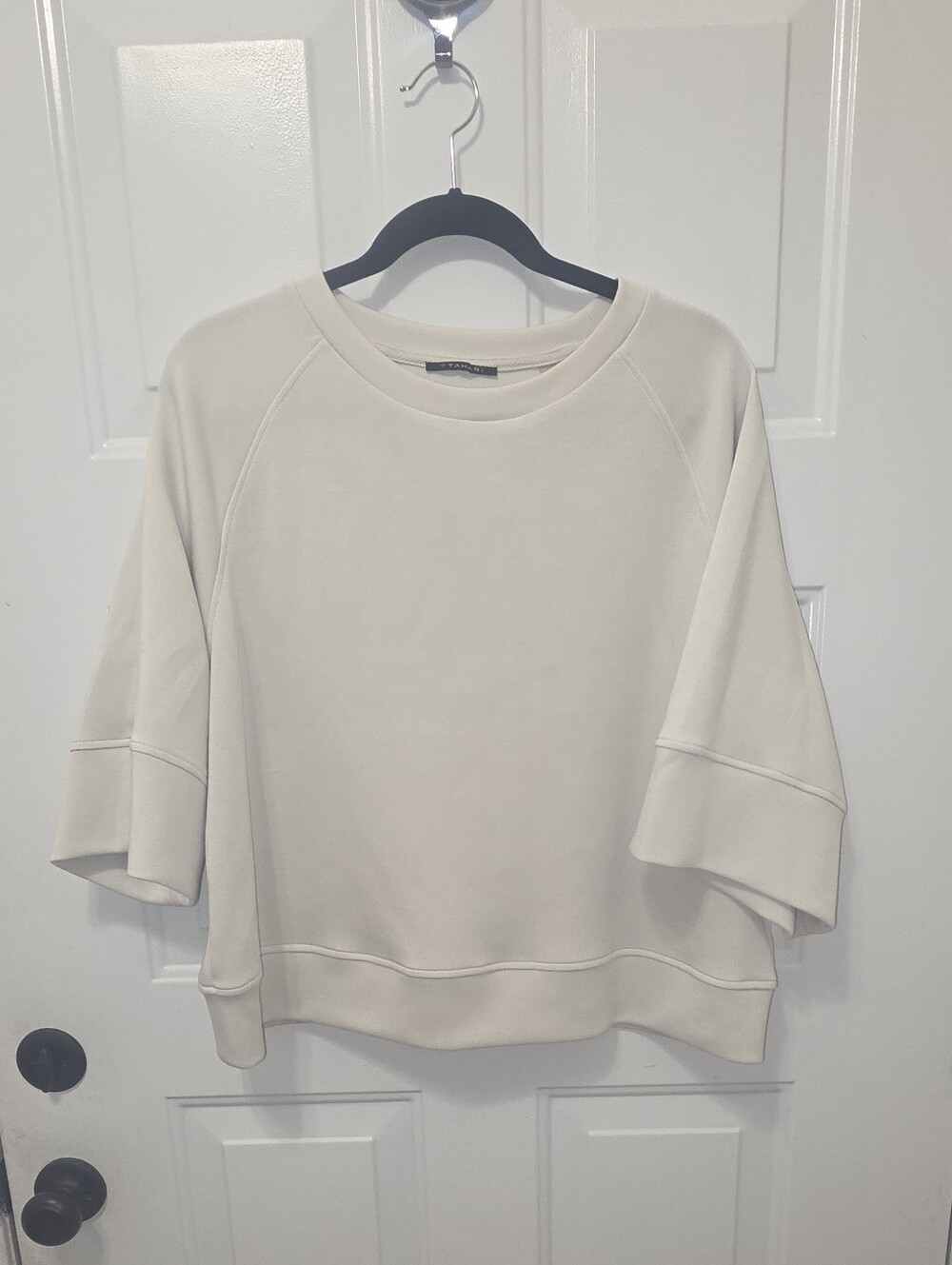 Tahari Ivory Scuba Knit Top XL Elbow Sleeve Oversized Boxy Pullover